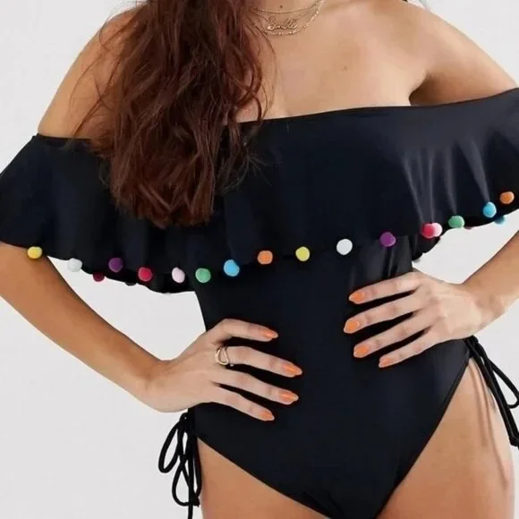 ASOS Rainbow Pom Pom One Piece Off Shoulder Bathing Suit Swimsuit Bikini - Picture 3 of 10